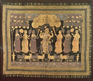 Krishna och hans Gopis (ogenomskinlig akvarell, guld och silver på färgad bomull)