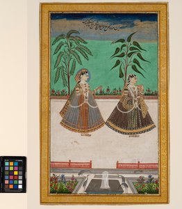 Två kvinnor från Tana Shahs harem från Golconda, ca 1800 (ogenomskinlig akvarell och guld på papper, monterad på en albumsida)