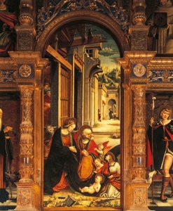 Nativity, detalj från 1500-talets altartavla, av Defendente Ferrari (1480 eller 1485-1540), Abbey of St Anthony of Ranverso, Buttigliera Alta, Italien