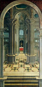 Perspektiv målat av Defendente Ferrari (1480 eller 1485-1540), på baksidan av 1500-talskören, Church of Saint Jerome, Biella, Italien av Defendente Ferrari