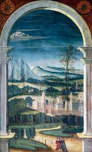 Perspektiv målat av Defendente Ferrari (1480 eller 1485-1540), på baksidan av 1500-talskören, Church of Saint Jerome, Biella, Italien