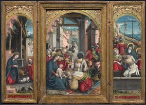 Triptyk med födelsekyrkan i mitten, till höger tillbedjan av männen, till vänster Kristi avsättning i graven, 1523