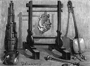 Kinesiska musikinstrument: orgel, ljudsten och fiol.