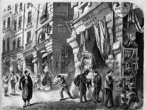 Paris, utsikt över de täckta gallerierna på bottenvåningen av husen i rue de la Tonnelerie, även kallade Halles pelare, gravyr efter teckningen av Delannoy, i "L
