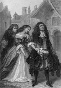 Spela Monsieur de Pourceaugnac av Moliere: Monsieur de Pourceaugnac, Julie och Oronte, gravyr av Delannoy efter en teckning av G. Staal (1870)
