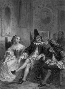 Spela Doktorn trots sig själv av Moliere: Lucinde, Sganarelle och Geronte, gravyr av Delannoy efter en teckning av G. Staal (1870)