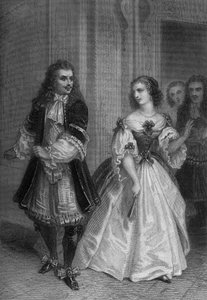 Spela Misantropen av Moliere: Alceste, Celimene, Eliante, Philinte gravyr av Delannoy efter en teckning av G. Staal (1870)