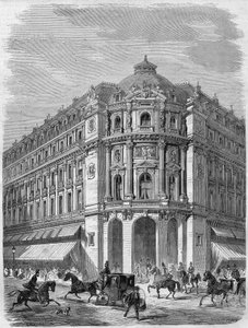 Projekt av fasaden på den nya teatern i Vaudeville i hörnet av Boulevard des Capucines och Rue de la Chaussée-d
