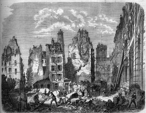 Förvandlingar av Paris under det andra imperiet, Haussmann Paris. Förstörelse av en del av Ile de la Cité för utbyggnaden av Hotel Dieu, gravyr efter en