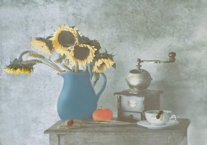 Rustikt stilleben med solrosor av Delphine Devos
