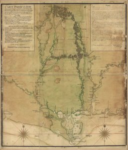 Särskild karta över en del av Louisiana där floderna har registrerats med döda räkningar och vägarna av land undersökta och mätt med steg, av Srs. Broutin, de Vergés, ingenjörer & Saucier designer av Demarigny