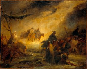 Ryska reträttavsnitt. Napoleonskriget (1812). Målning av Denis Auguste Raffet (1804-1860)
