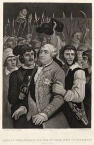 Ludvig XVI hotad av pöbeln vid deras besök i Tuilerierna den 20 juni 1792, graverad av John Sartain (gravyr) av Denis Auguste Marie (after) Raffet