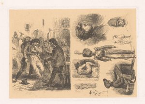 Grupp män, bredvid en komposition inklusive en soldat croquis; Scener de la Revolution av Denis Auguste Marie Raffet