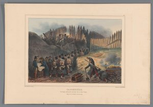 Gruppsoldat trekt door en opening in de palisade, 1832 Caponier, palisaderat verk framför halvmånen (titel på objekt) Teckningar gjorda av livet vid belägringen av Citadellet i Antwerpen av Raffet (serietitel på objekt) av Denis Auguste Marie Raffet