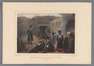 Militär vid een mijngang, 1832 Kommunikation av dikesnedstigning (titel på objekt) Ritningar gjorda från naturen vid belägringen av Citadellet i Antwerpen av Raffet (serietitel på objekt) av Denis Auguste Marie Raffet