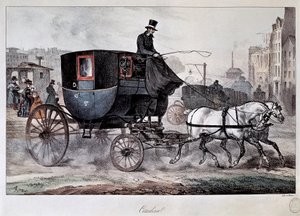 Kollektivtrafik på 1800-talet: en hytt på gatorna i Paris (färgad gravyr)