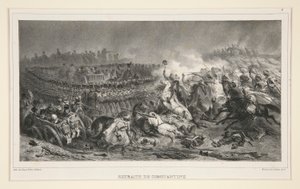 Det andra lätta kavalleriet som motstår arabernas angrepp, från en uppsättning om sex, med titeln Retraite de Constantine av Denis Auguste Marie Raffet
