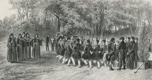 Valakiska rundan, framförd av tsiganer och dansad av andra regementets musiker hemma hos prins Ghika, Ghospodar, Valakiet, 1839 av Denis Auguste Marie Raffet