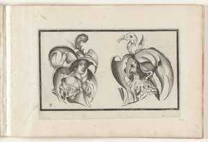 En mans och en kvinnas huvud med groteska hattar och kragar Huvudbonadsdesign (serietitel) Ouvrage rare et nouveau, contenant plusieurs desseins de merveilleuse rekreation sous diverses caprices et gentillesses representees en l
