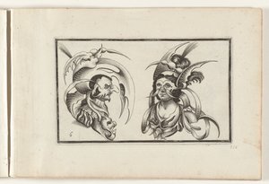 Manliga och kvinnliga huvuden med groteska hattar och kragar Huvudbonadsdesign (serietitel) Ouvrage rare et nouveau, contenant plusieurs desseins de merveilleuse rekreation sous diverses caprices et gentillesses representees en l