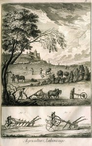 Fältarbete - Jordbruk, sådd, plöjning. Olika modeller av rullar och plogar: Plåt med en volym av illustrationer från Encyclopedie of Diderot, originalupplagan 1762