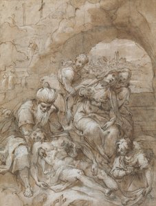 Deposition, c.1595 (svart krita, penna & brunt bläck, wc, & vit förhöjning, kvadratisk för överföring med svart krita, på lagt papper) av Denis Calvaert