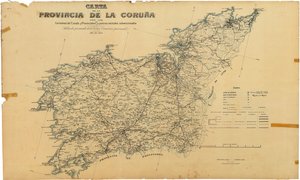 Karta över provinsen A Coruña med statliga och provinsiella vägar och subventionerade grannvägar. Utgiven efter överenskommelse med Hans excellens. Provinsiell kommission av Deputación da Coruña