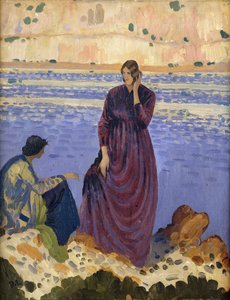 Två kvinnor på klipporna vid havet,