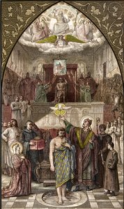 Saint Remigius döper Clovis i Reims - Dopet av frankernas kung Clovis I (466-511) i Reims av Eveque Saint Remi den 25/12/496 (eller 499) - gravyr efter målningen av Desire Francois Laugee av Desire Francois Laugee