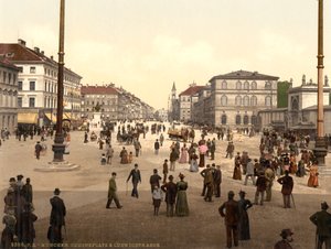 Gatubild, Odensplatz och Ludwigstrasse, München, Bayern, Tyskland, ca 1900 av Detroit Publishing Co.