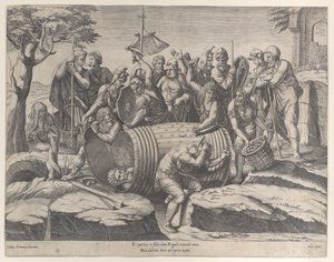 Marcus Atilius Regulus i en tunna medan två män hamrar i spikarna, diverse fi..., 1555-77.