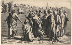 Kristus gör Sankt Peter till kyrkans huvud av Diana Scultori after Raphael