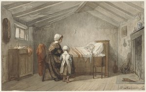 Mor och dotter vid ett barns sjuksäng av Diederik Franciscus Jamin