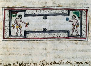 Azteker spelar pelota, miniatyr från History of Indies (Historia de las Indias) av Diego Duran (1537-1588), manuskript från 1579