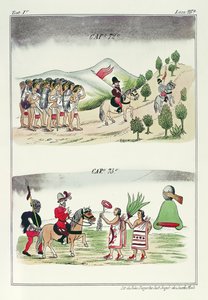 Kap 72 och kap 73, illustrationer från "Historia de las Indias de Nueva Espana y islas de tierra firme", med planscher av Jules Desportes, Mexiko, 1867-80. av Diego Duran