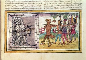 Codex Duran: Pedro de Alvarado (ca 1485-1541) vapenföljare till Hernando Cortes (1485-1547) belägrad av aztekiska krigare