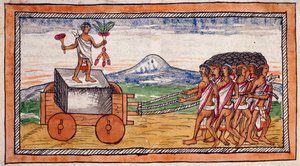 Aztekerna transporterar stenar för att bygga sina städer, sträcker ut akvarell från Indiens historia av Diego Duran (1537-1588), manuskript, folio 188 recto