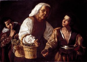 The Two Boys and the Old Fruit Woman eller the Old Fruit Seller (Two Boys and the Old Fruit Seller). Målning av Diego Rodriguez av Silva Velazquez (Velasquez av Diego Rodriguez de Silva y (attr. to) Velazquez