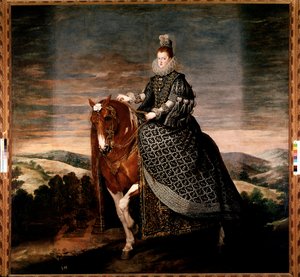 Ridsporträtt av drottning Margarita av Österrike (olja på duk av Diego Velázquez