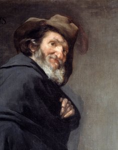Menippe (Detalj). Porträtt Menippe de Sinope, grekisk poet och filosof från den cyniska skolan, efter att ha levt mellan 300- och 300-talen f.Kr. Målning av Diego Rodriguez de Silva y Velasquez (1599-1660) av Diego Velázquez