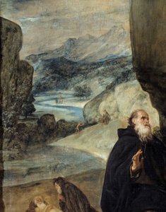 Saint Anthony och Saint Paul eremit. Detalj som föreställer Sankt Antonius den store (eller Sankt Antonius Eremiten eller Sankt Antonius Abbe) och landskapet. Målning av Diego Rodriguez de Silva y Velasquez (1599-1660), cirka 1635. Olja på duk. Mått: 2,57  av Diego Velázquez