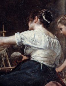 Spinnarna eller Arachne Detail-fabeln om en ryggarbetare. Målning av Diego Rodriguez de Silva y Velasquez (1599-1660), ca. 1653. Sön 2,2x2,89 m Madrid, Pradomuseet av Diego Velázquez