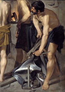 Vulcans smedja, detalj. En av smeden arbetar med rustningar. Målning av Diego Velasquez (1599-1660) 1630 Sön. 2,23x2,90 m Madrid, Pradomuseet av Diego Velázquez