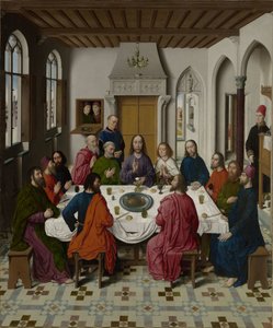 Insamlingen av manna och påsken (höger vänster), Den sista måltiden (mitten), Mötet mellan Abraham och Melkisedek och Elias som väcktes av ängeln (1 Kungaboken 19:5-6) (höger höger) av Dieric Bouts
