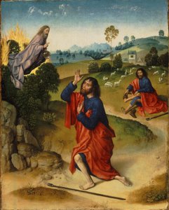 Moses och den brinnande busken, med Moses som tar av sig skorna av Dierick Bouts the Elder