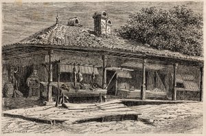 En slaktare och ett bageri i Bukarest (Rumänien). Gravyr för att illustrera resan från Paris till Bukarest av Lancelot, designer, 1860, i "Le tour du monde, nouveau journal des voyages", publicerad under ledning av Edouard Charton