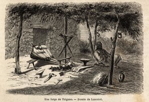 En zigenarsmedja i regionen Walachia, Rumänien. Gravyr för att illustrera resan från Paris till Bukarest, av Lancelot, ritare, 1860, publicerad i "Le tour du monde, nouveau journal des voyages", under ledning av Edouard Charton av Dieudonne Auguste Lancelot
