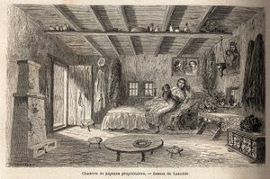 Ett hus för ägarbönder, i närheten av Orezu (Walachia-regionen, Rumänien). Gravyr för att illustrera resan från Paris till Bukarest, av Lancelot, ritare, 1860, publicerad i "Le tour du monde, nouveau journal des voyages", under ledning av o av Dieudonne Auguste Lancelot
