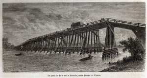 En träbro över Donau, mellan Passau och Wien, teckning av Lancelot, för att illustrera Victor Duruys resa från Paris till Bukarest 1860. Gravyr i "" Le tour du monde"", redigerad av Edouard Charton av Dieudonne Auguste Lancelot
